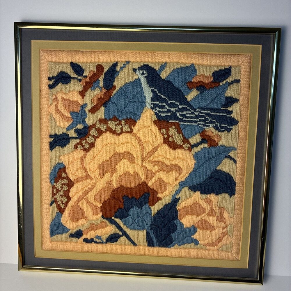 Vtg 80S Handmade Embroidered Art Bluebird Peach/Coral Flowers EUC